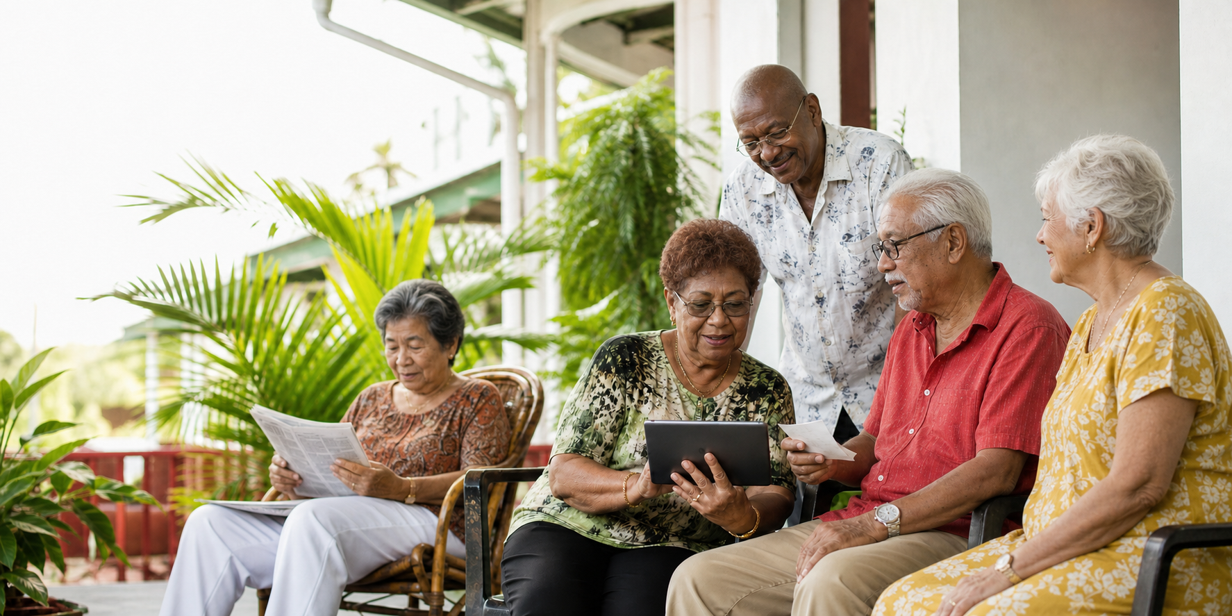 Een diverse groep Surinaamse ouderen leest en bespreekt samen het nieuws